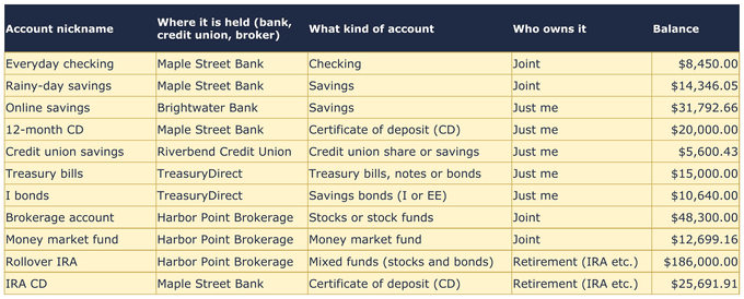 The Accounts tab: one row per account with its nickname, where it is held, what kind of account it is, who owns it and its balance.