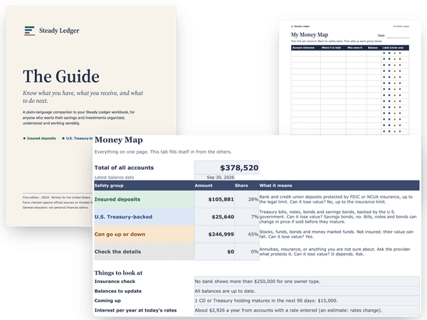 The Steady Ledger kit: the guide, the Money Map tab of the workbook with a fictional example, and a printable Money Map page.
